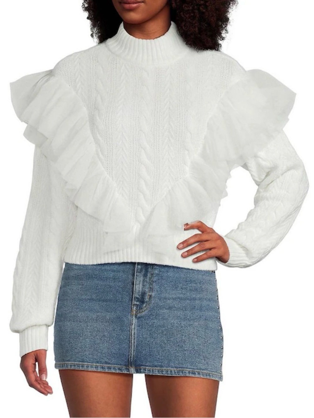 GB White Cable Knit Ruffle Sweater Size S Mock Neck